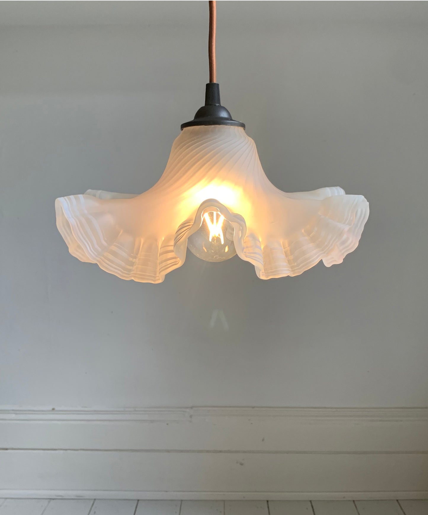 Vintage French Hand Painted Round Glass Frilly Ceiling Light Shade