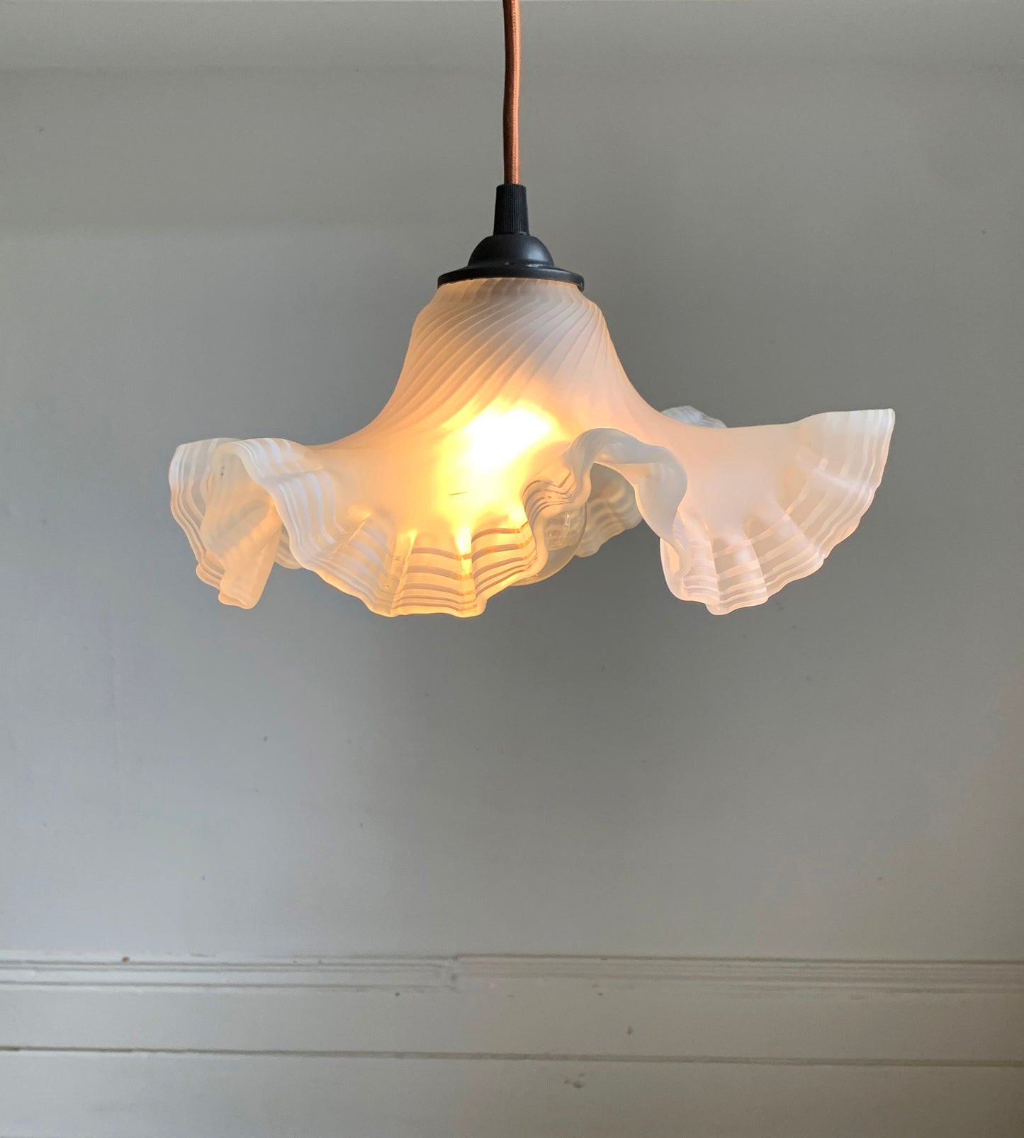 Vintage French Hand Painted Round Glass Frilly Ceiling Light Shade