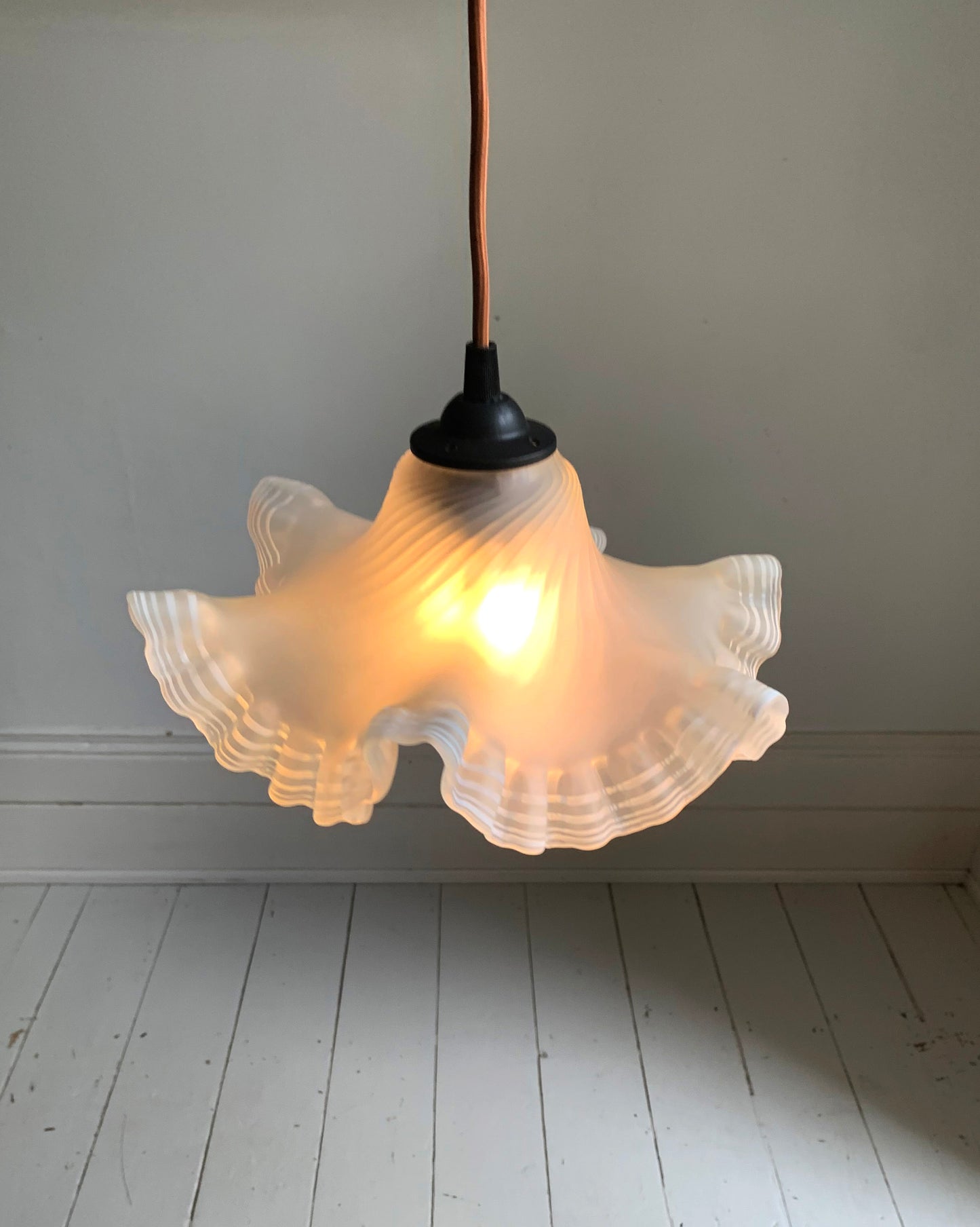 Vintage French Hand Painted Round Glass Frilly Ceiling Light Shade