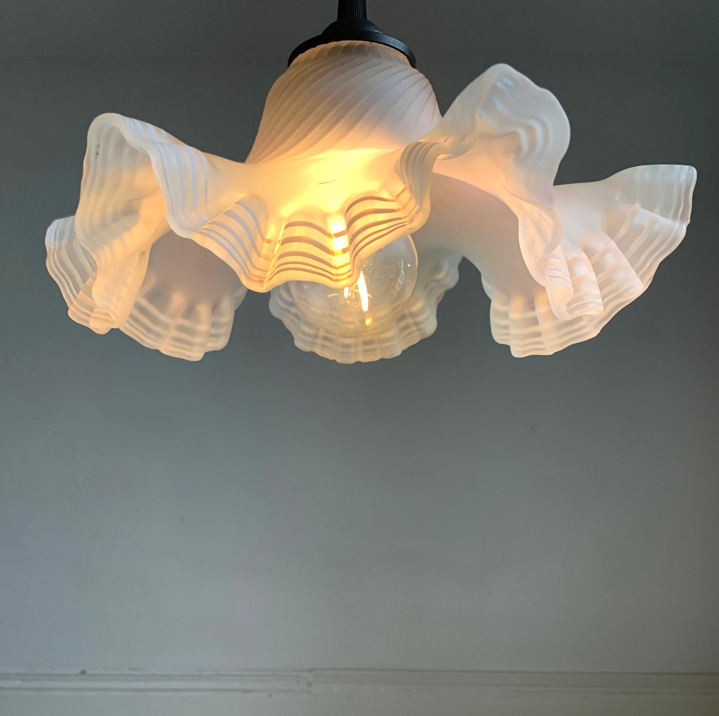 Vintage French Hand Painted Round Glass Frilly Ceiling Light Shade