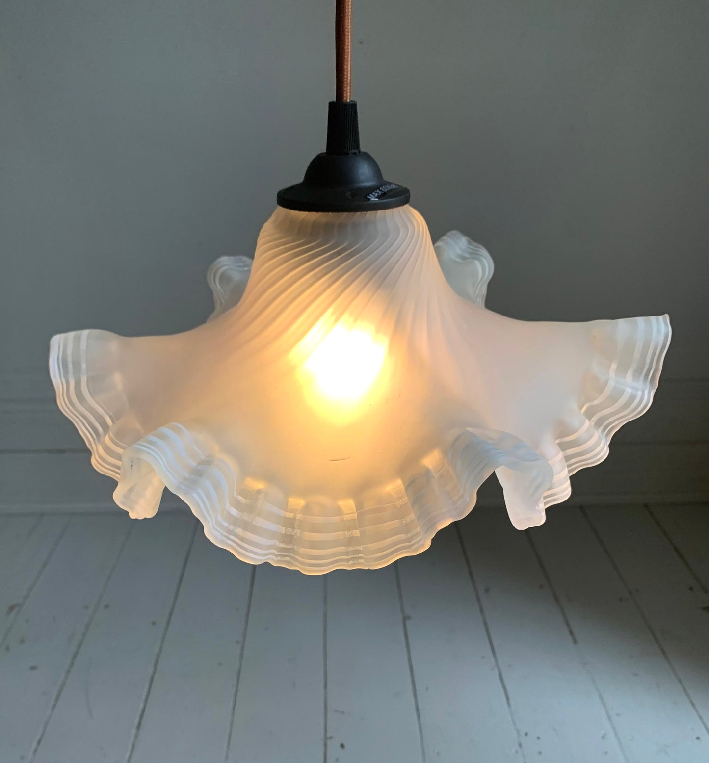 Vintage French Hand Painted Round Glass Frilly Ceiling Light Shade