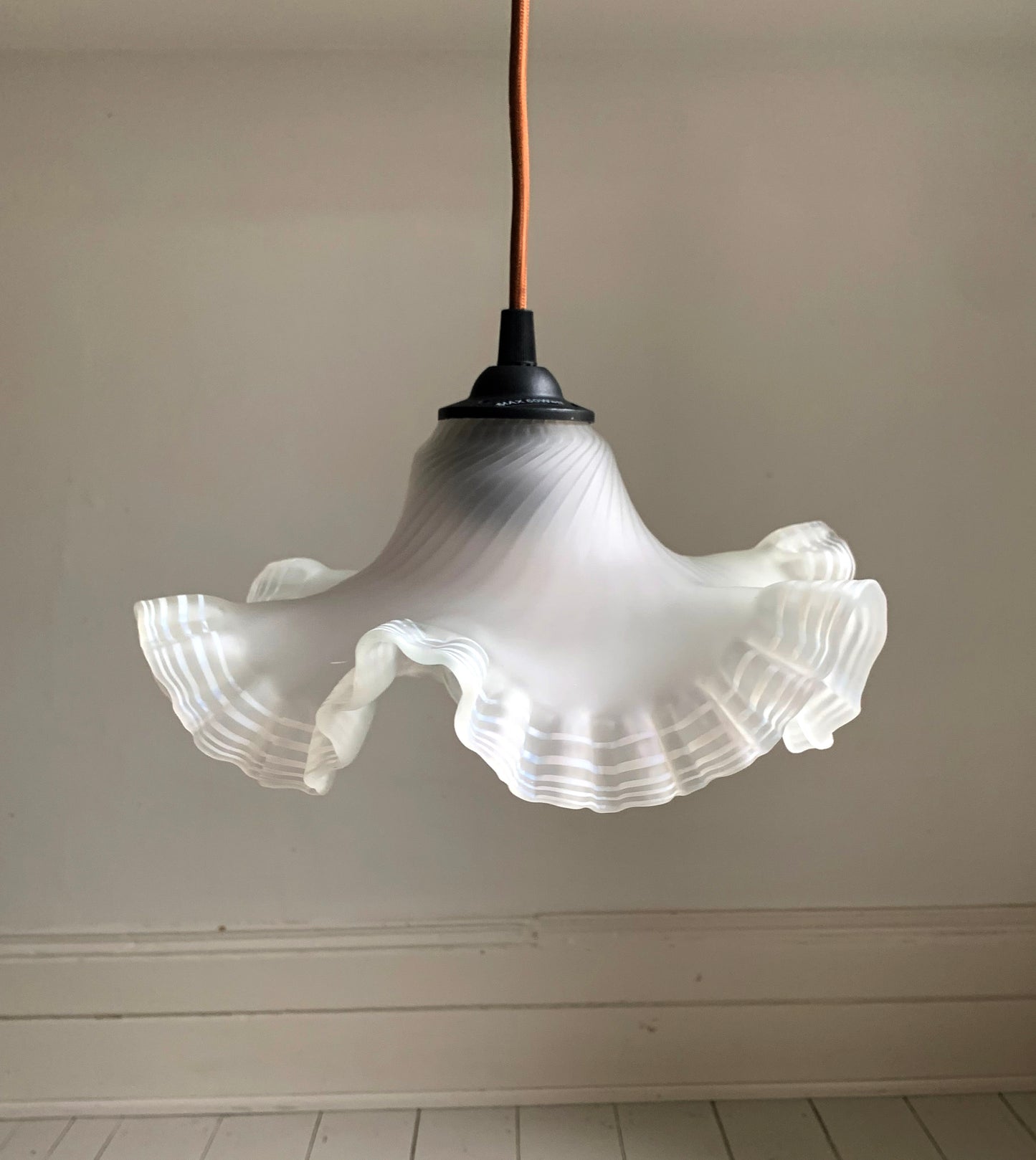 Vintage French Hand Painted Round Glass Frilly Ceiling Light Shade