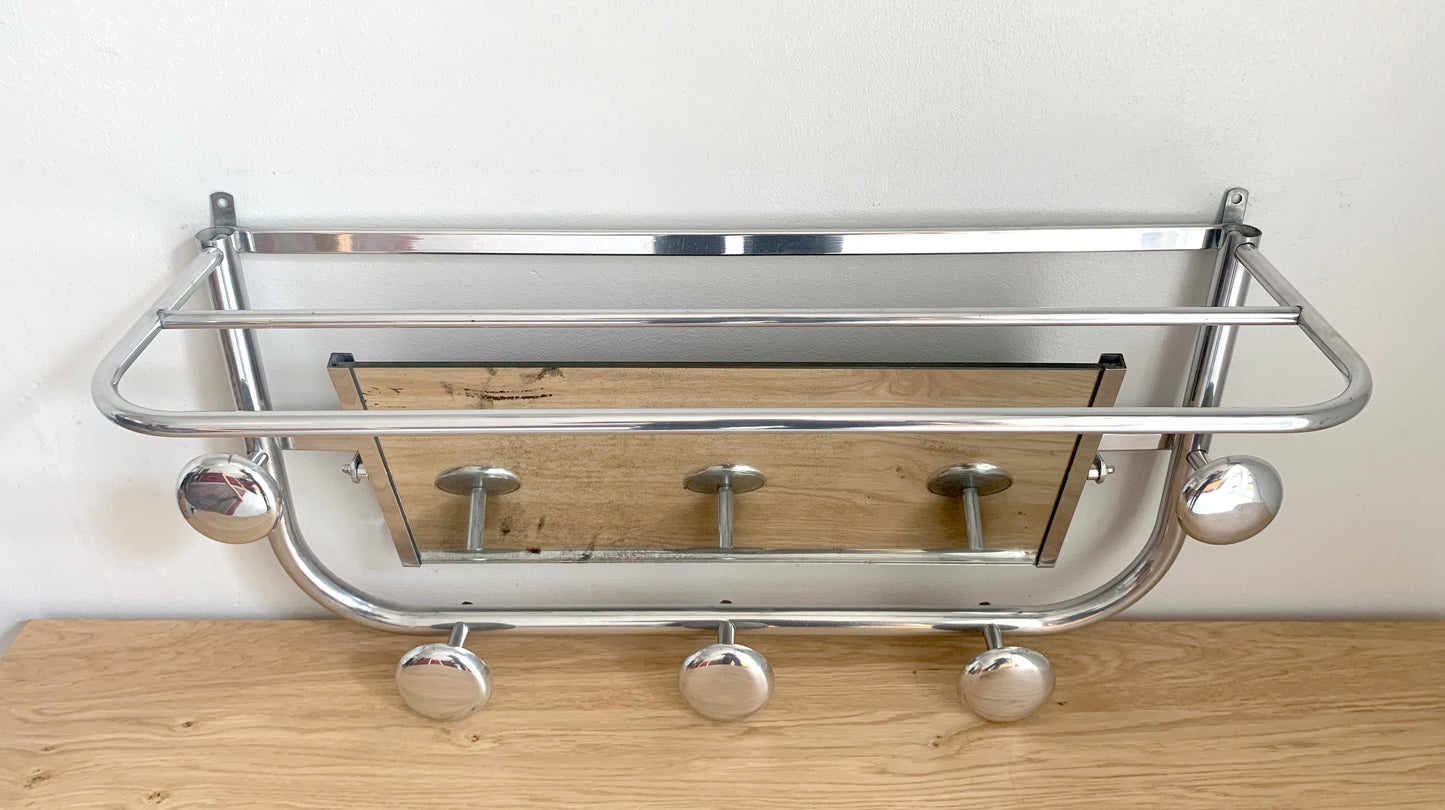 Beautiful French / Art Deco Polished Aluminium Coat Rack with Mirror / 1940's