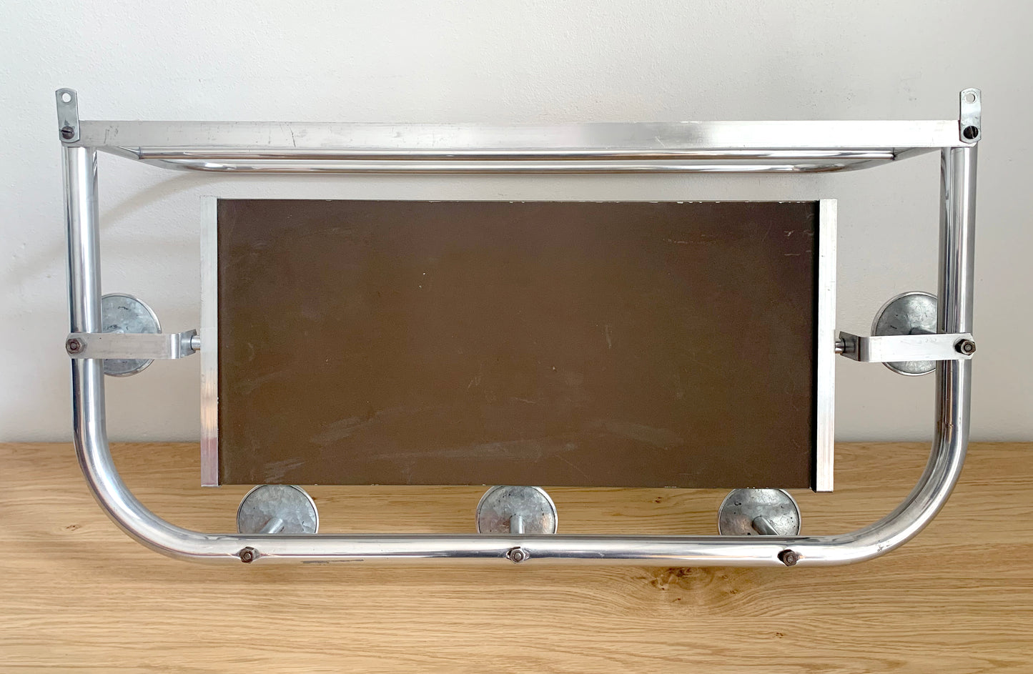 Beautiful French / Art Deco Polished Aluminium Coat Rack with Mirror / 1940's
