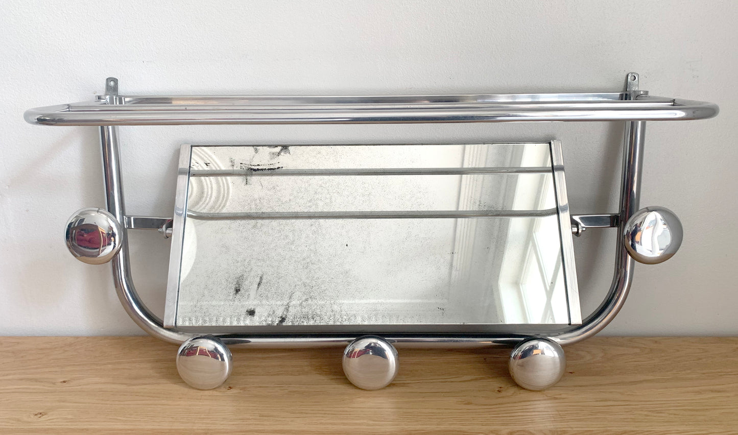 Beautiful French / Art Deco Polished Aluminium Coat Rack with Mirror / 1940's