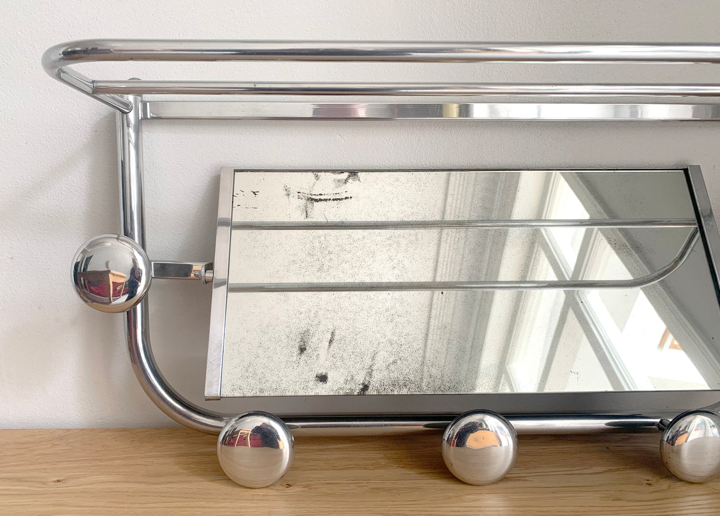 Beautiful French / Art Deco Polished Aluminium Coat Rack with Mirror / 1940's