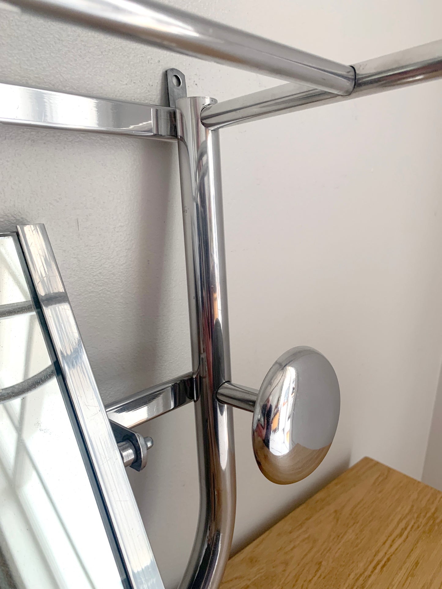 Beautiful French / Art Deco Polished Aluminium Coat Rack with Mirror / 1940's