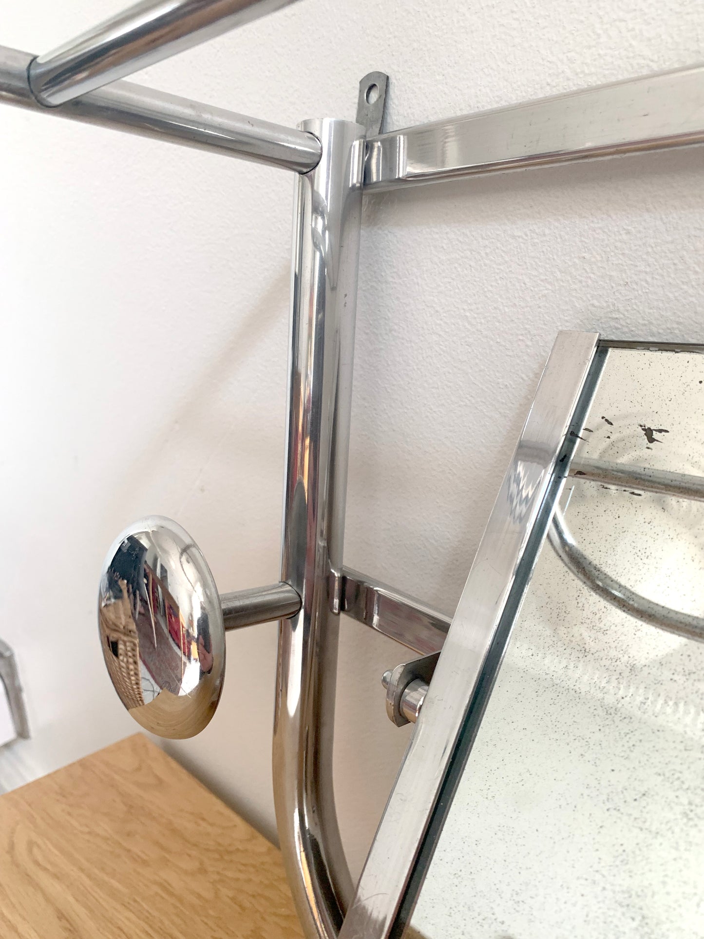 Beautiful French / Art Deco Polished Aluminium Coat Rack with Mirror / 1940's