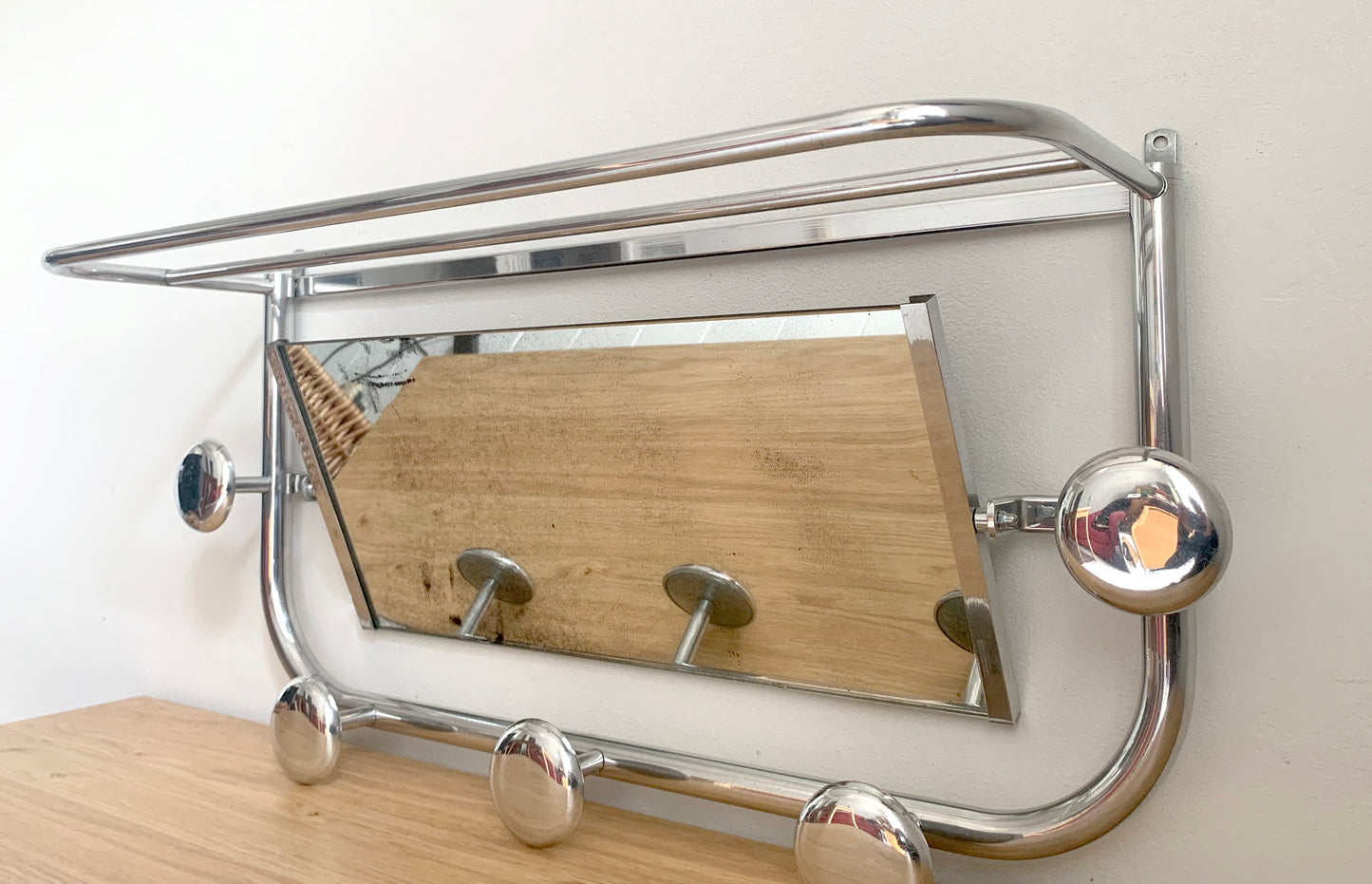 Beautiful French / Art Deco Polished Aluminium Coat Rack with Mirror / 1940's