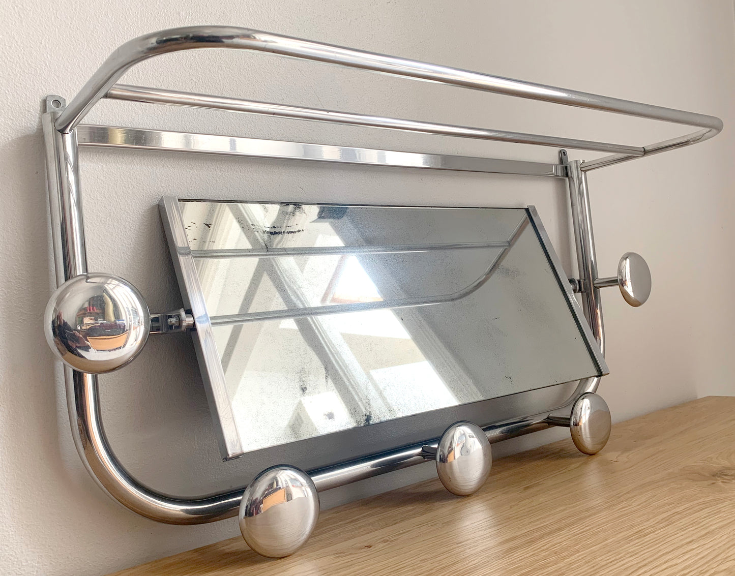 Beautiful French / Art Deco Polished Aluminium Coat Rack with Mirror / 1940's
